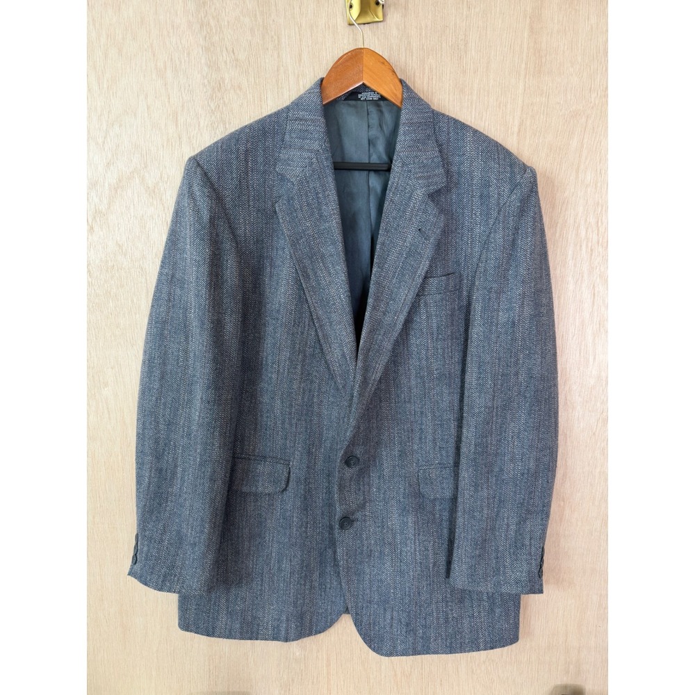 Haggar Imperial Mens Blazer Blue Grey Herringbone Wool Silk Blend Suit Jacket